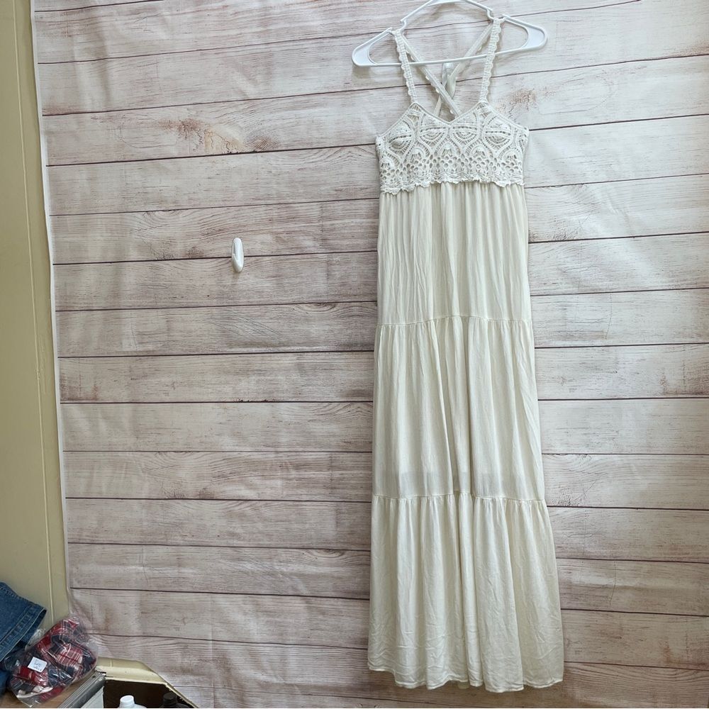 AMERICAN EAGLE CROCHET LACE BOHO COTTAGECORE MAXI DRESS IN CREAM - Picture 1 of 12